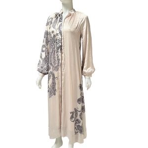 Cream Maxi Shirt Dress Tunic Caftan Paisley Modest Fairycore Boho Romantic Sz‎ S
